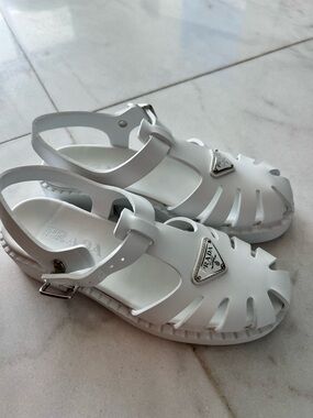 Prada White Kids Jelly T-Strap Sandals with Logo Plaque